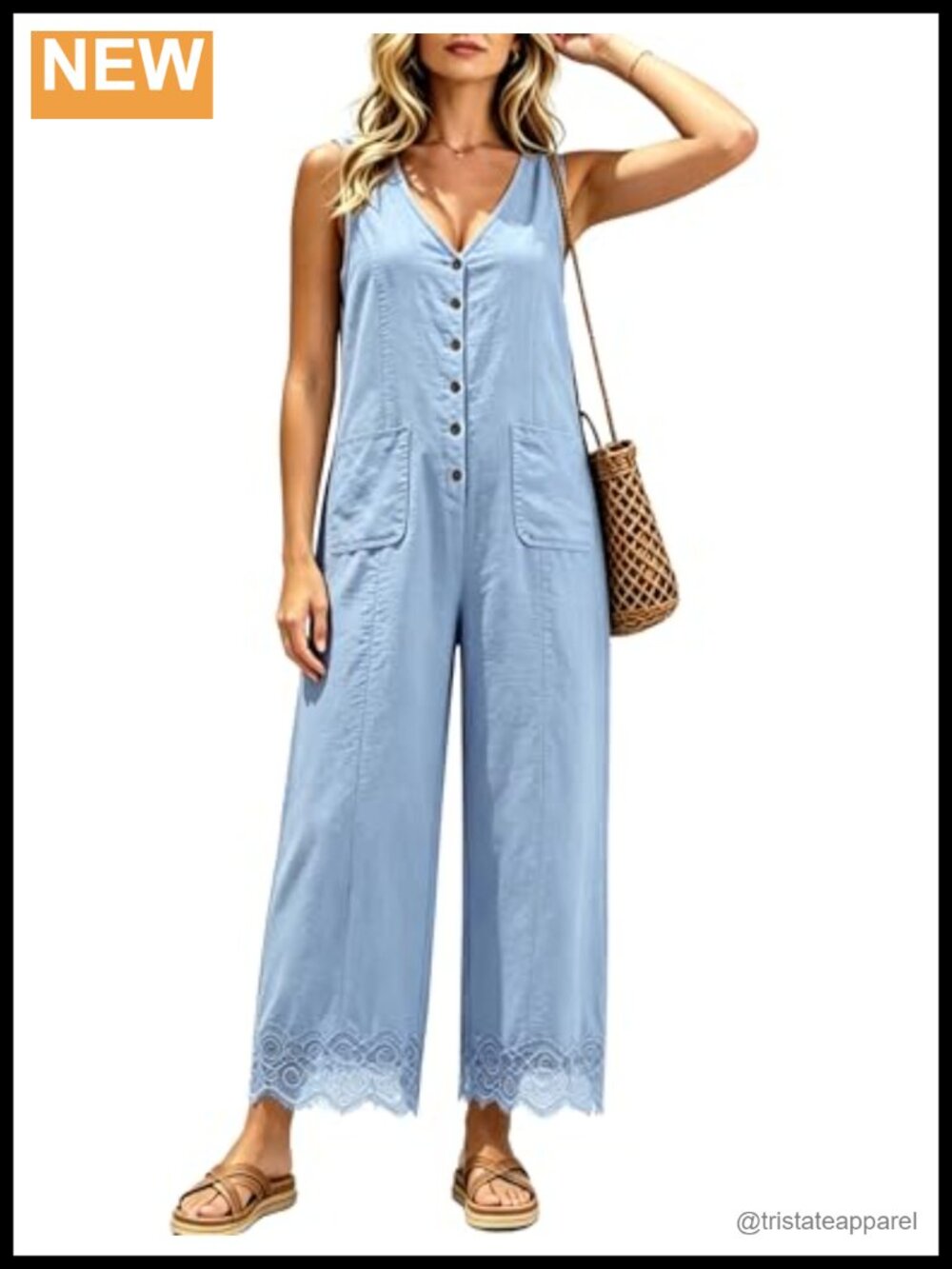 Womens Button Down Jumpsuit Sleeveless Wide Leg Lace Trim Overalls with Pockets
